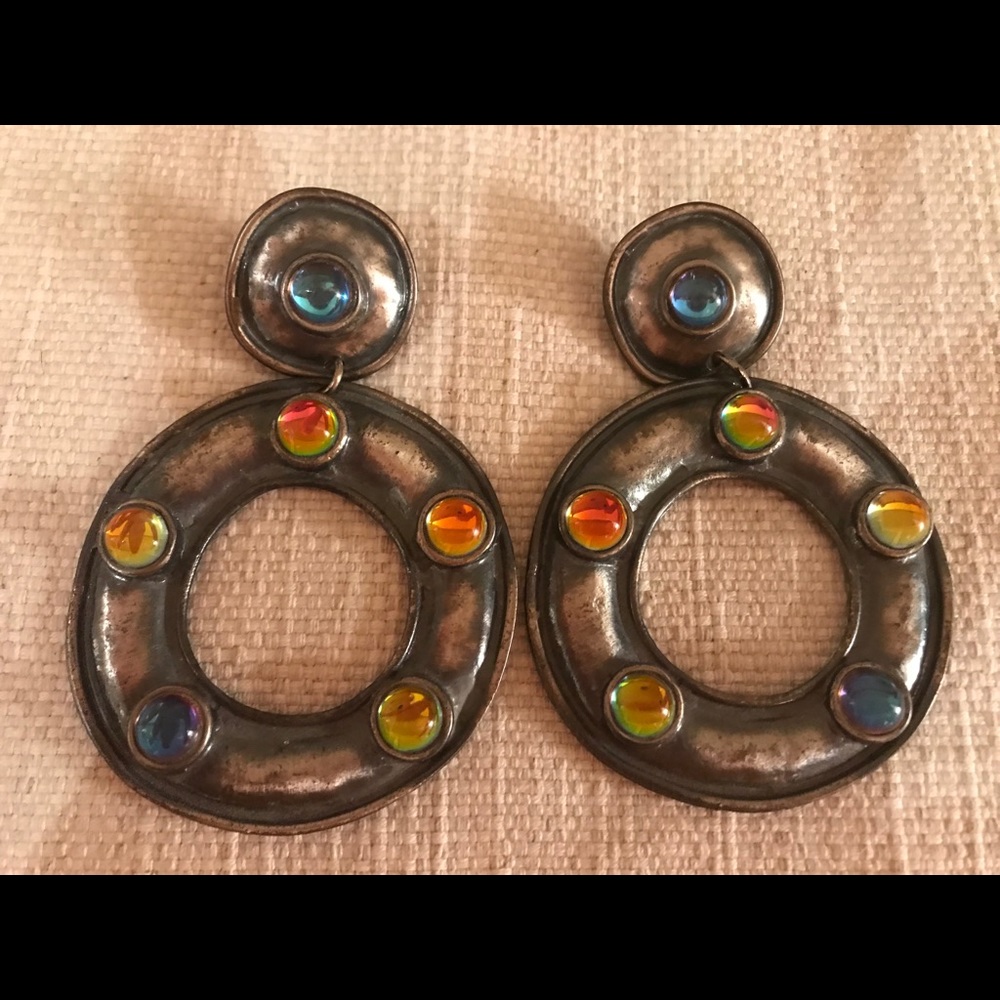 Chunky metallic multicolored jeweled earrings.